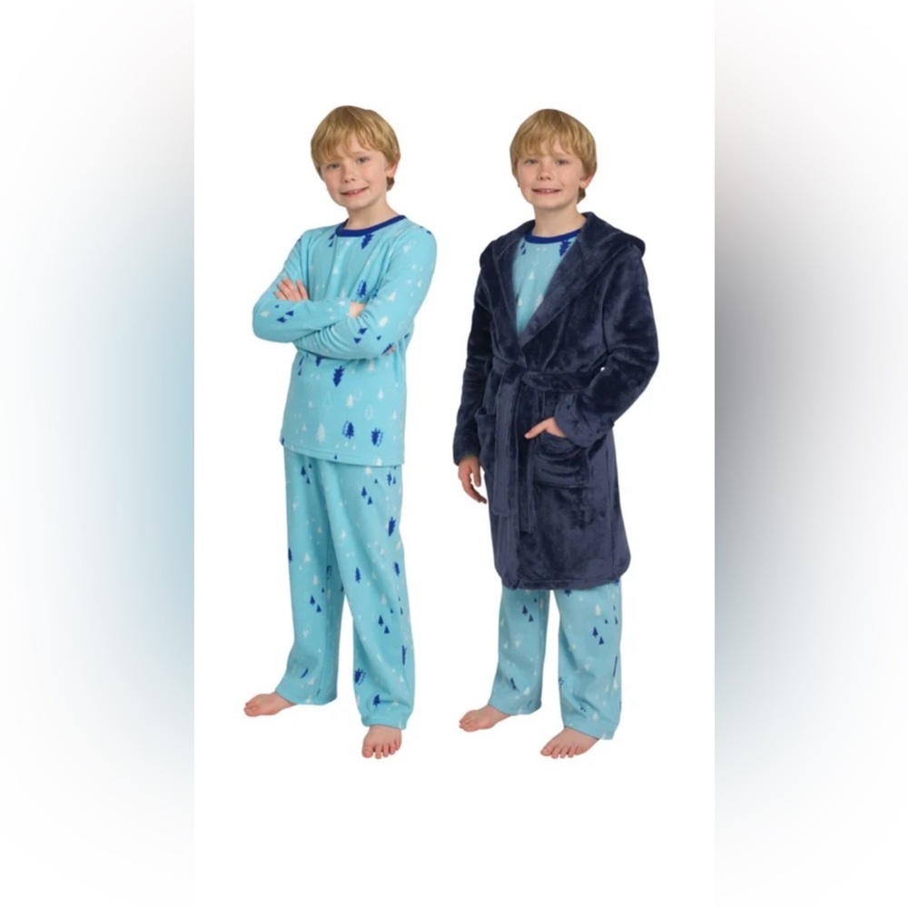 NWT Lands' End Light Blue Kids 3Piece Pajama Set with Dark Blue Robe - Picture 2 of 9